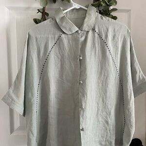 Women’s Light Green Linen Shirt with Bkack Topstitching Detail